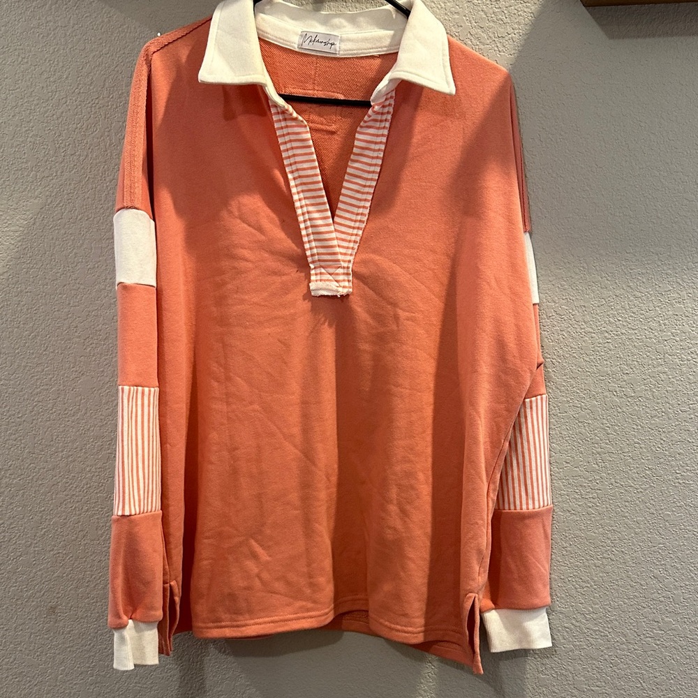 Coral and White Striped Collar Top